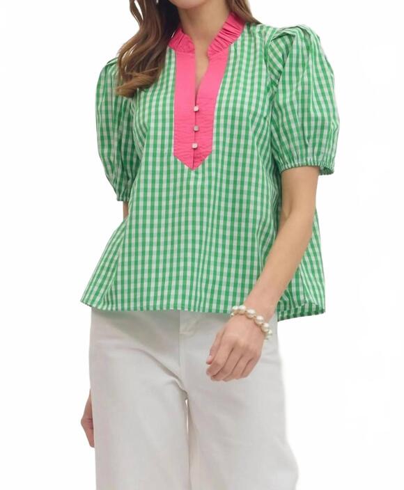 ENTRO Tops - NEW ENTRO gingham puff sleeve top in green